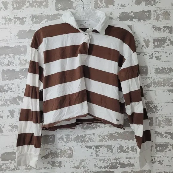Hollister Womens Size Medium Striped Crop Top Long-Sleeve Collared Polo Brown - Picture 2 of 4
